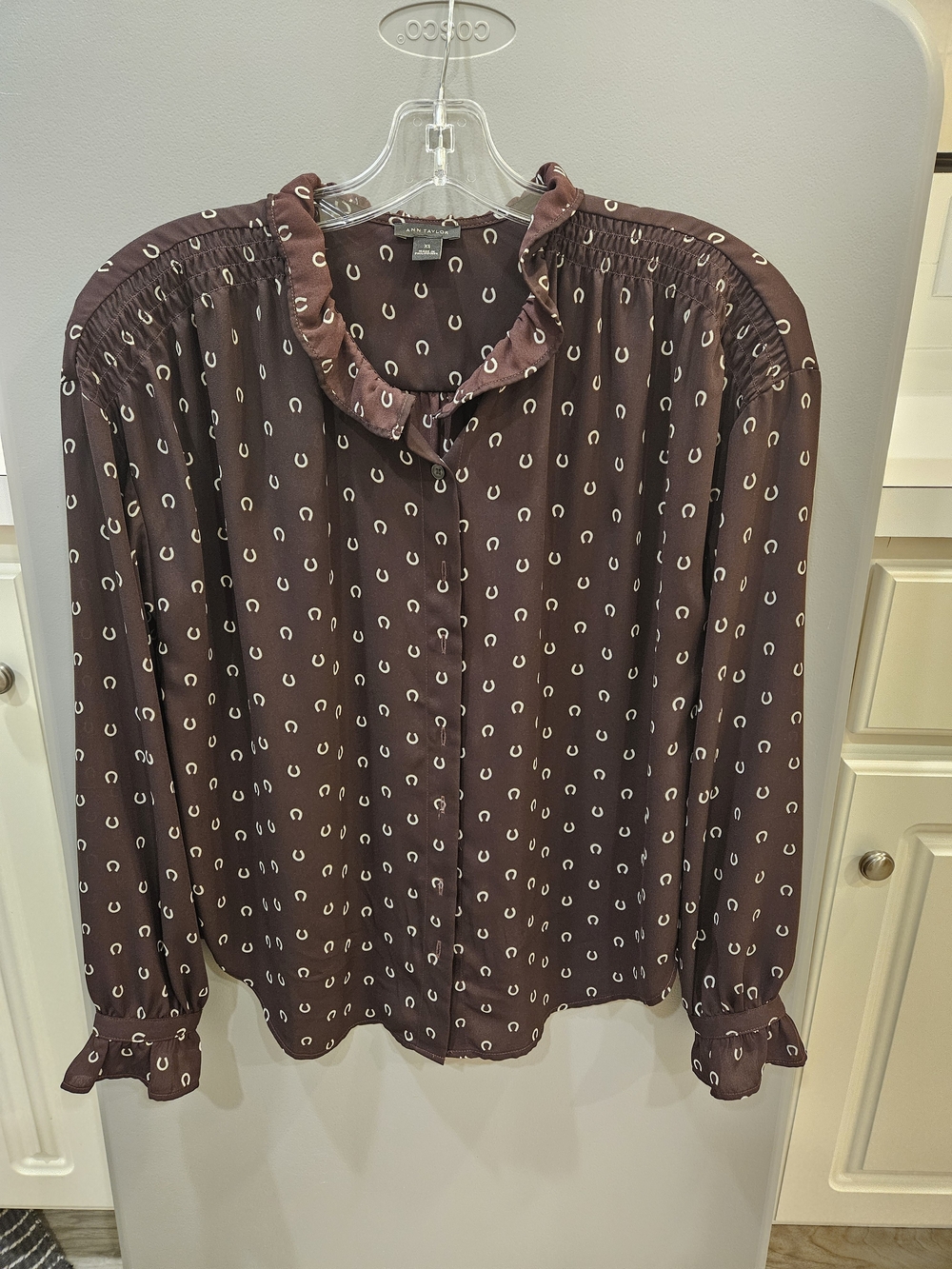 Ann Taylor Maroon Printed Ruffle-Neck Long Sleeve Blouse